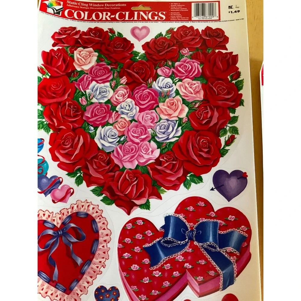 Vintage Paper Magic Group Valentines Day Window Clings Rose Heart Set 2 Sheets